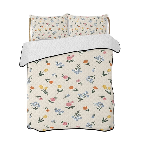 Quilt King Size Bedding Set, Pink Floral Reversible Summer Quilt 3 Pieces, Spring Botanical Wildflowers Summer Lightweight Bedspreads Coverlets with 2 Pillow Shams for All Seasons