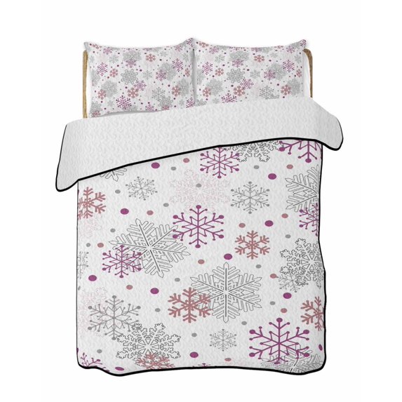 Quilt King Size Bedding Set, Pink Snowflake Christmas Reversible Summer Quilt 3 Pieces, Xmas Snowflake Winter Lightweight Bedspreads Coverlets with 2 Pillow Shams for All Seasons