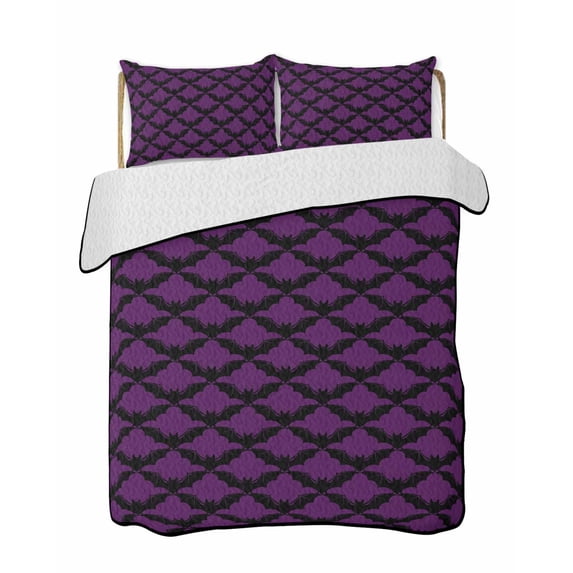Quilt King Size Bedding Set, Purple Black Halloween Reversible Summer Quilt 3 Pieces, Fall Spooky Horror Abstract Bats Lightweight Bedspreads Coverlets with 2 Pillow Shams for All Seasons