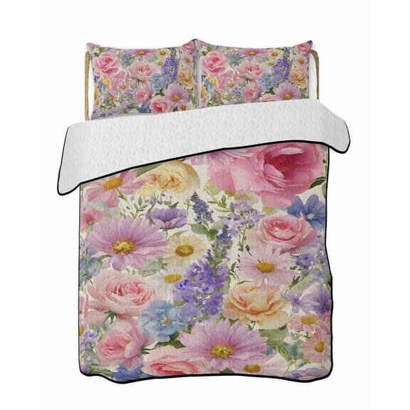 Quilt King Size Bedding Set, Purple Pink Floral Reversible Summer Quilt 3 Pieces, Spring Farmhouse Country Vintage Flower Lightweight Bedspreads Coverlets with 2 Pillow Shams for All Seasons
