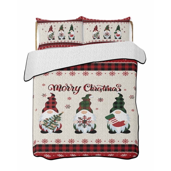 Quilt King Size Bedding Set, Red Gnomes Christmas Reversible Summer Quilt 3 Pieces, Xmas Tree Snowflake Gifts Rustic Plaid Lightweight Bedspreads Coverlets with 2 Pillow Shams for All Seasons