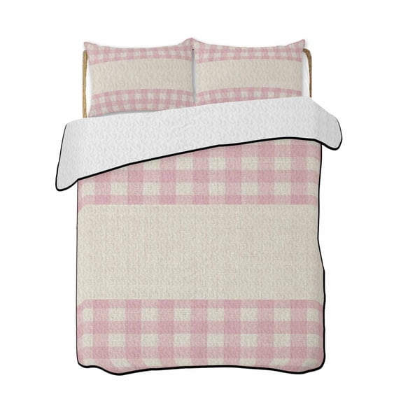 Quilt King Size Bedding Set, Retro Pink Reversible Summer Quilt 3 Pieces, Farmhouse Buffalo Plaid Vintage Beige Lightweight Bedspreads Coverlets with 2 Pillow Shams for All Seasons