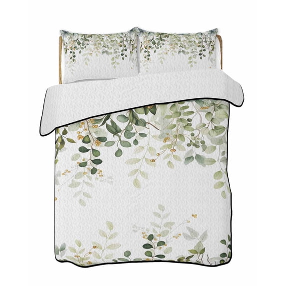 Quilt King Size Bedding Set, Sage Green Eucalyptus Leaves Reversible Summer Quilt 3 Pieces, Spring Botanical Floral Lightweight Bedspreads Coverlets with 2 Pillow Shams for All Seasons