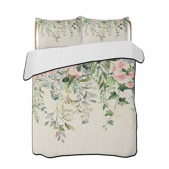 Quilt King Size Bedding Set, Sage Green Eucalyptus Leaves Reversible Summer Quilt 3 Pieces, Weeping Floral Summer Botanical Lightweight Bedspreads Coverlets with 2 Pillow Shams for All Seasons