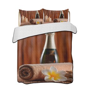 Quilt King Size Bedding Set, Spa White Floral Reversible Summer Quilt 3 Pieces, Modern Candles Stones Artwork Lightweight Bedspreads Coverlets with 2 Pillow Shams for All Seasons