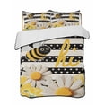 thumbnail image 1 of Quilt King Size Bedding Set, Spring Bees Daisy Reversible Summer Quilt 3 Pieces, Rustic Tulips Dots Black Striped Burlap Lightweight Bedspreads Coverlets with 2 Pillow Shams for All Seasons, 1 of 5