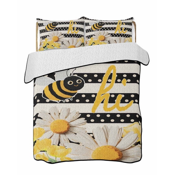Quilt King Size Bedding Set, Spring Bees Daisy Reversible Summer Quilt 3 Pieces, Rustic Tulips Dots Black Striped Burlap Lightweight Bedspreads Coverlets with 2 Pillow Shams for All Seasons