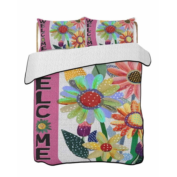 Quilt King Size Bedding Set, Spring Daisy Reversible Summer Quilt 3 Pieces, Pink Modern Abstract Art Dots Floral Lightweight Bedspreads Coverlets with 2 Pillow Shams for All Seasons