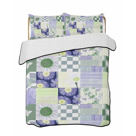 Quilt King Size Bedding Set, Spring Floral Checkered Reversible Summer Quilt 3 Pieces, Sage Green Purple Buffalo Plaid Lightweight Bedspreads Coverlets with 2 Pillow Shams for All Seasons