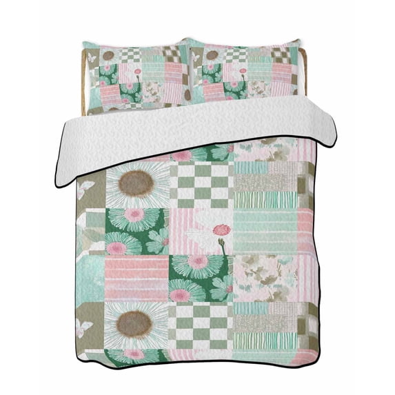 Quilt King Size Bedding Set, Spring Floral Checkered Reversible Summer Quilt 3 Pieces, Turquoise Pink Buffalo Plaid Lightweight Bedspreads Coverlets with 2 Pillow Shams for All Seasons