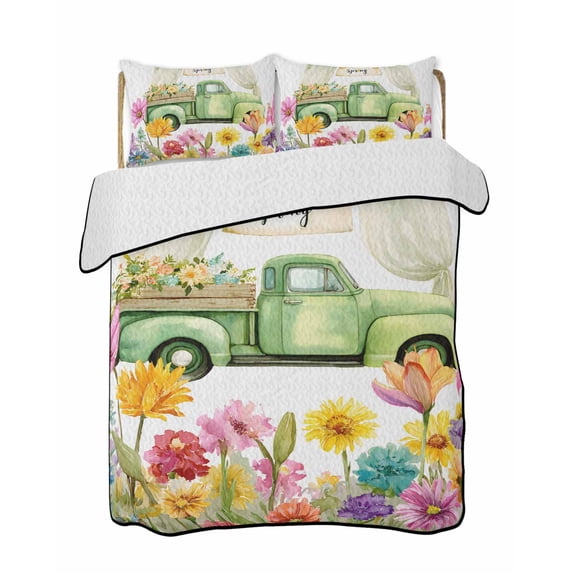 Quilt King Size Bedding Set, Spring Floral Reversible Summer Quilt 3 Pieces, Green Country Truck Rustic Botanical Farmhosue Lightweight Bedspreads Coverlets with 2 Pillow Shams for All Seasons