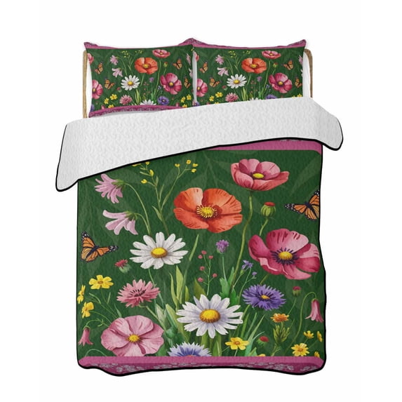 Quilt King Size Bedding Set, Spring Flowers Reversible Summer Quilt 3 Pieces, Purple Boho Farmhouse Botanical Florals Lightweight Bedspreads Coverlets with 2 Pillow Shams for All Seasons