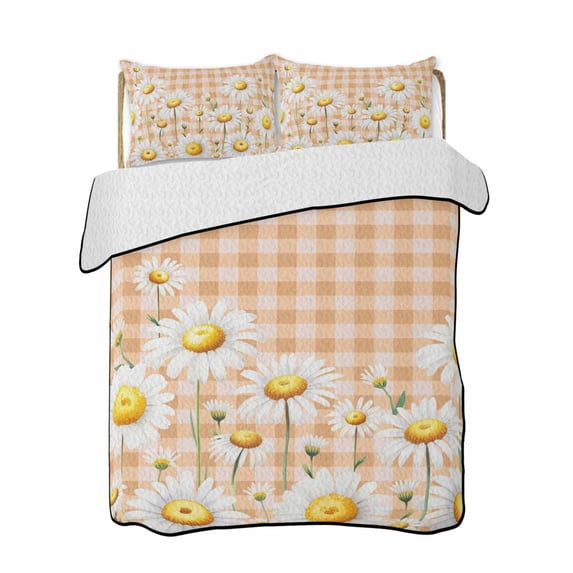 Quilt King Size Bedding Set, Spring White Daisy Reversible Summer Quilt 3 Pieces, Farmhouse Floral Orange Buffalo Plaid Lightweight Bedspreads Coverlets with 2 Pillow Shams for All Seasons