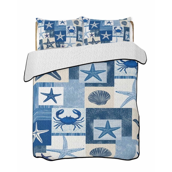 Quilt King Size Bedding Set, Starfish Coastal Reversible Summer Quilt 3 Pieces, Blue Shell Crab Nautical Summer Beach Ocean Lightweight Bedspreads Coverlets with 2 Pillow Shams for All Seasons