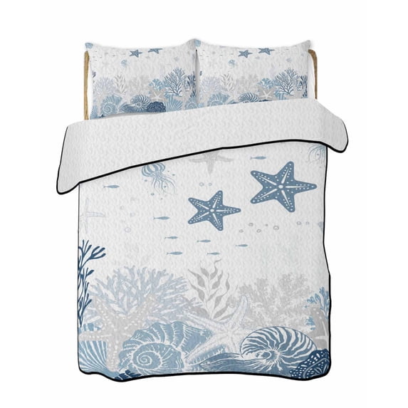 Quilt King Size Bedding Set, Starfish Coastal Reversible Summer Quilt 3 Pieces, Nautical Summer Beach Coral Shell Lightweight Bedspreads Coverlets with 2 Pillow Shams for All Seasons