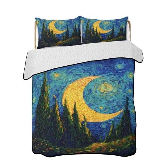 Quilt King Size Bedding Set, Starry Moon Reversible Summer Quilt 3 Pieces, Modern Abstract Art Forest Lightweight Bedspreads Coverlets with 2 Pillow Shams for All Seasons