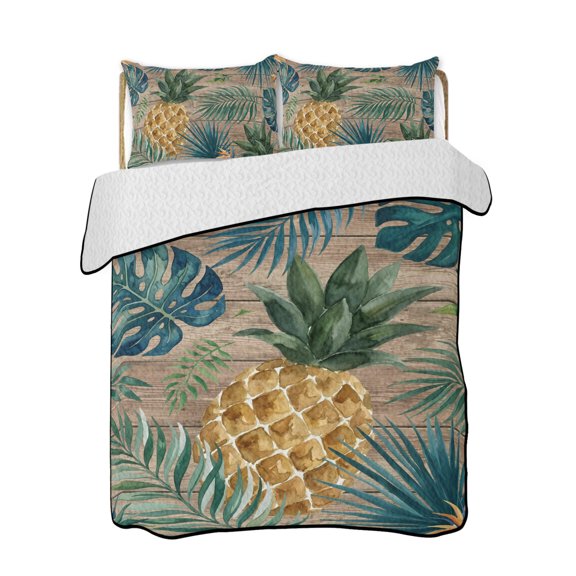 Quilt King Size Bedding Set, Summer Pineapple Reversible Summer Quilt 3 Pieces, Brown Wood Tropical Palm Monstera Leaves Lightweight Bedspreads Coverlets with 2 Pillow Shams for All Seasons