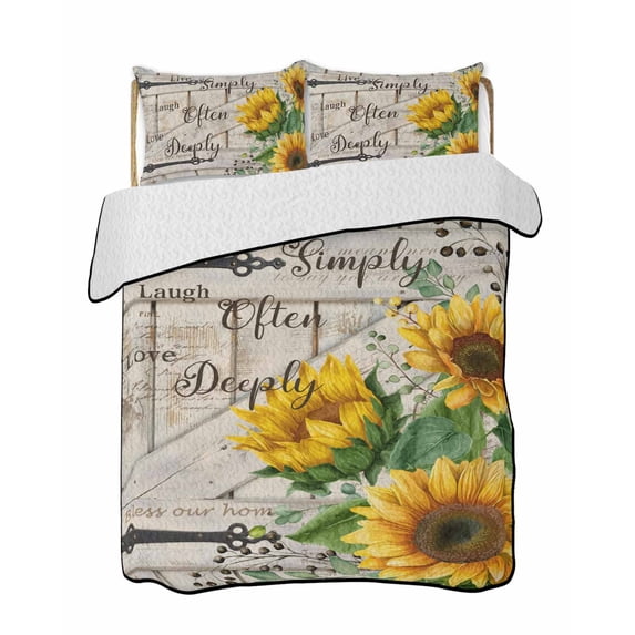 Quilt King Size Bedding Set, Sunflower Reversible Summer Quilt 3 Pieces, Yellow Flowers Summer Botanical Wooden Lightweight Bedspreads Coverlets with 2 Pillow Shams for All Seasons