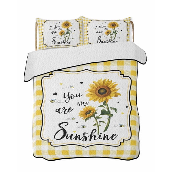 Quilt King Size Bedding Set, Sunflowers Reversible Summer Quilt 3 Pieces, Yellow Floral Botanical Checkered Farmhouse Lightweight Bedspreads Coverlets with 2 Pillow Shams for All Seasons