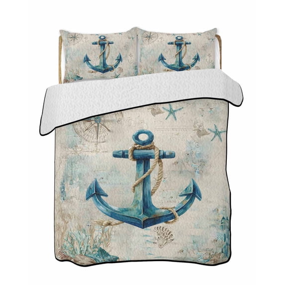 Quilt King Size Bedding Set, Teal Anchors Coastal Reversible Summer Quilt 3 Pieces, Vintage Summer Beach Nautical Lightweight Bedspreads Coverlets with 2 Pillow Shams for All Seasons