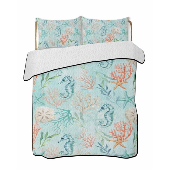 Quilt King Size Bedding Set, Teal Red Coastal Reversible Summer Quilt 3 Pieces, Nautical Seahorse Beach Coral Starfish Lightweight Bedspreads Coverlets with 2 Pillow Shams for All Seasons