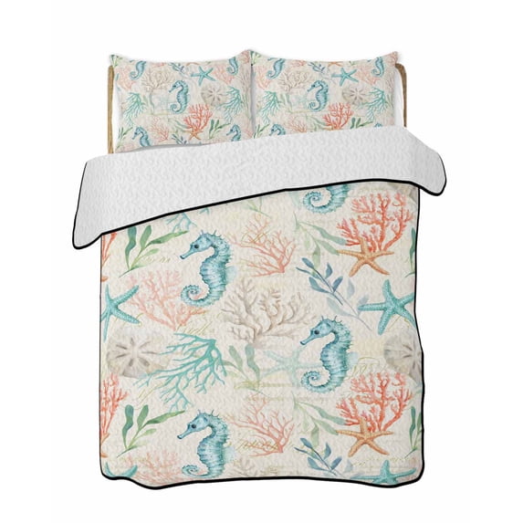 Quilt King Size Bedding Set, Teal Red Coastal Reversible Summer Quilt 3 Pieces, Nautical Seahorse Beach Coral Starfish Retro Lightweight Bedspreads Coverlets with 2 Pillow Shams for All Seasons