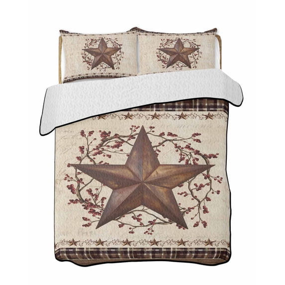 Quilt King Size Bedding Set, Texas Star Vintage Reversible Summer Quilt 3 Pieces, Brown Retro Art Red Berry Farmhouse Lightweight Bedspreads Coverlets with 2 Pillow Shams for All Seasons