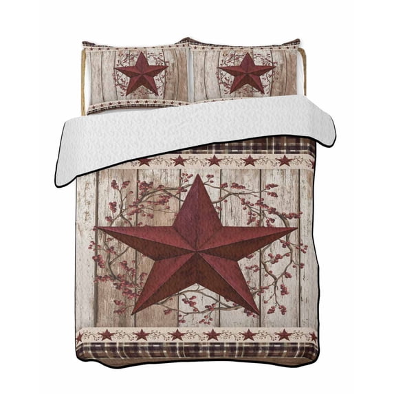 Quilt King Size Bedding Set, Texas Star Vintage Reversible Summer Quilt 3 Pieces, Red Berry Retro Art Wooden Lightweight Bedspreads Coverlets with 2 Pillow Shams for All Seasons