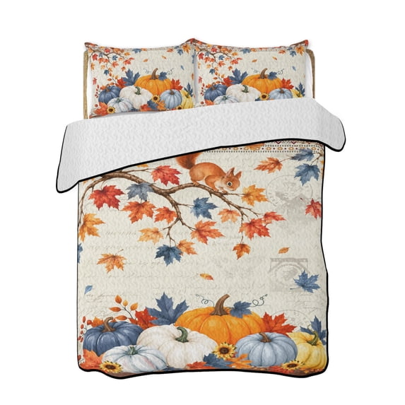 Quilt King Size Bedding Set, Thanksgiving Reversible Summer Quilt 3 Pieces, Boho Fall Squirrel Pumpkin Maple Stripe Lightweight Bedspreads Coverlets with 2 Pillow Shams for All Seasons