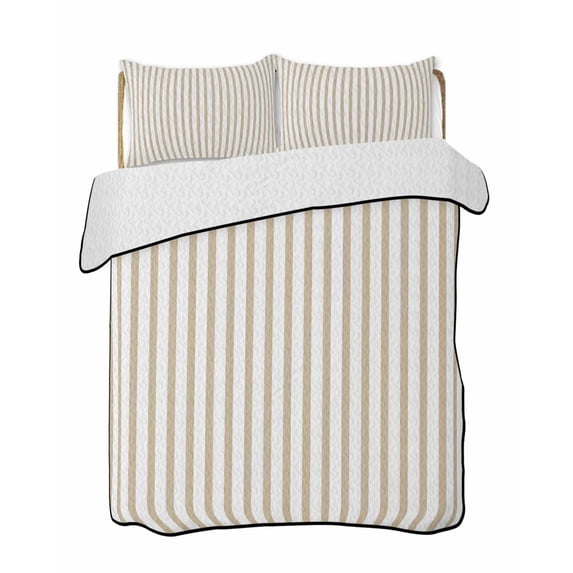 Quilt King Size Bedding Set, Thin Beige Striped Reversible Summer Quilt 3 Pieces, Farmhouse Modern Stripes Lightweight Bedspreads Coverlets with 2 Pillow Shams for All Seasons