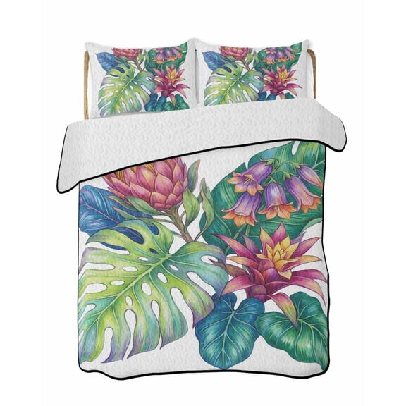Quilt King Size Bedding Set, Tropical Plant Reversible Summer Quilt 3 Pieces, Summer Watercolor Botanical Palm Leaves Lightweight Bedspreads Coverlets with 2 Pillow Shams for All Seasons