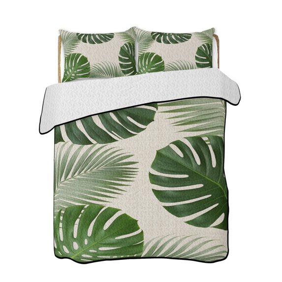 Quilt King Size Bedding Set, Tropical Plants Reversible Summer Quilt 3 Pieces, Summer Botanical Green Monstera Leaves Lightweight Bedspreads Coverlets with 2 Pillow Shams for All Seasons