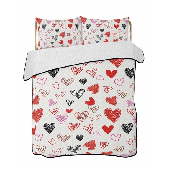 Quilt King Size Bedding Set, Valentine's Day Love Heart Reversible Summer Quilt 3 Pieces, Pink Red Black Romantic Lightweight Bedspreads Coverlets with 2 Pillow Shams for All Seasons