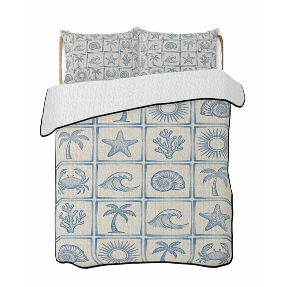 Quilt King Size Bedding Set, Vintage Blue Coastal Reversible Summer Quilt 3 Pieces, Nautical Starfish Coral Conch Ocean Retro Lightweight Bedspreads Coverlets with 2 Pillow Shams for All Seasons