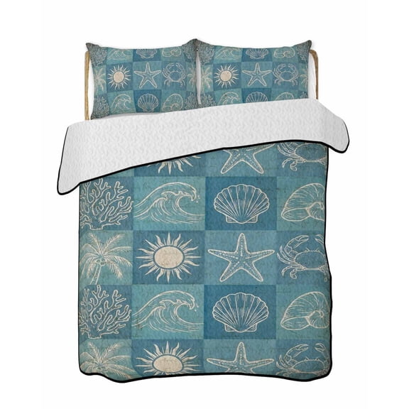Quilt King Size Bedding Set, Vintage Blue Coastal Reversible Summer Quilt 3 Pieces, Starfish Shell Coral Palm Trees Conch Retro Lightweight Bedspreads Coverlets with 2 Pillow Shams for All Seasons