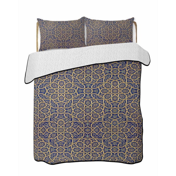 Quilt King Size Bedding Set, Vintage Mediterranean Reversible Summer Quilt 3 Pieces, Retro Morocco Abstract Art Brown Blue Lightweight Bedspreads Coverlets with 2 Pillow Shams for All Seasons