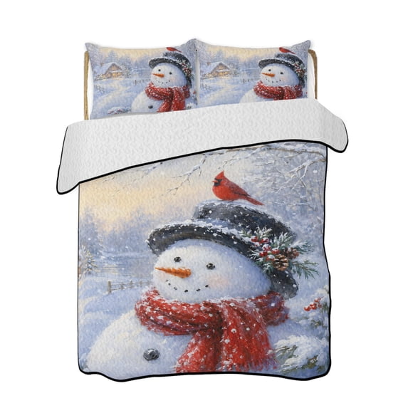 Quilt King Size Bedding Set, White Snowman Christmas Reversible Summer Quilt 3 Pieces, Xmas Snowflake Winter Branches Lightweight Bedspreads Coverlets with 2 Pillow Shams for All Seasons