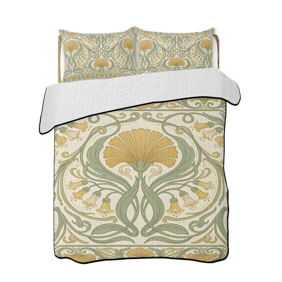 Quilt King Size Bedding Set, Yellow Green Floral Reversible Summer Quilt 3 Pieces, Vintage Classic Flowers Botanical Lightweight Bedspreads Coverlets with 2 Pillow Shams for All Seasons