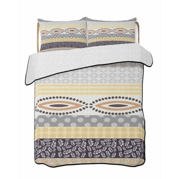 Quilt King Size Bedding Set, Yellow Grey Geometric Reversible Summer Quilt 3 Pieces, Boho Vintage Country Flowers Leaves Lightweight Bedspreads Coverlets with 2 Pillow Shams for All Seasons