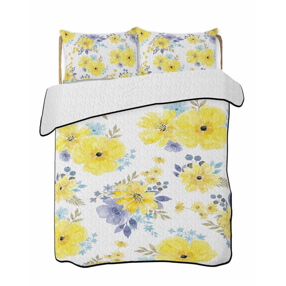 Quilt King Size Bedding Set, Yellow Watercolor Floral Reversible Summer Quilt 3 Pieces, Spring Flower Abstract Art Lightweight Bedspreads Coverlets with 2 Pillow Shams for All Seasons