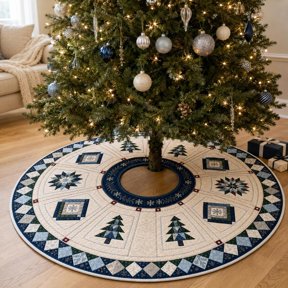 Quilt Lovers Christmas Tree Skirt, Quilted Patchwork Pine pattern | Cozy Blue Cream Fleece Under Tree Holiday Decor Gift for Quilters