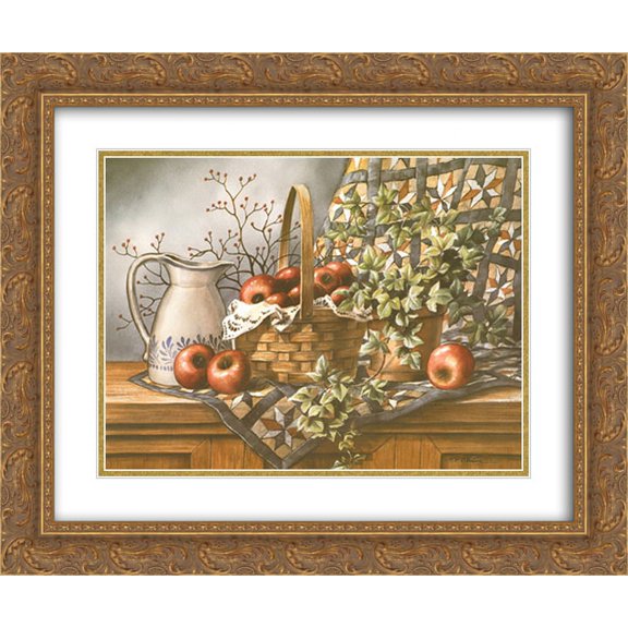 Quilt, Pitcher And Apples 2x Matted 24x20 Gold Ornate Framed Art Print by T.C. Chiu