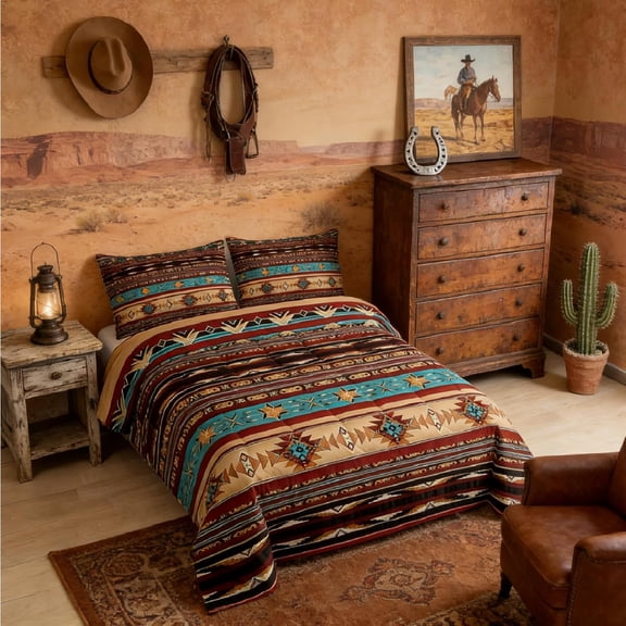 Quilt Queen Comforter Set,Vintage Southwestern Native Bohemian Bedding Set,Western Star Duvet Insert Exotic Geometric Diamond Stripes Room Decor,Burnt Sienna Brown