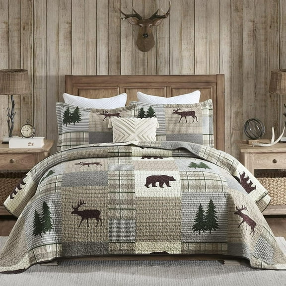 Quilt Queen Size - 100% Cotton Lightweight Cabin Plaid Queen Quilt Bedding Set, Forest Tree Brown Bear Deer Patchwork Reversible Bedspread/Comforter Set with 2 Pillow Shams, 3PCS