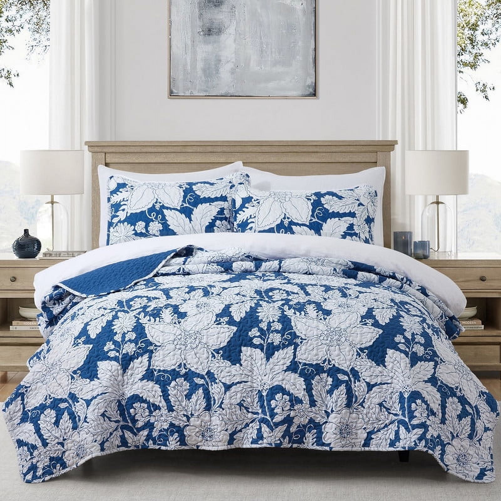Quilt Queen Size Bedding Set - Rustic Floral Quilt Lightweight Reversible Dyed Oversized Bed Spread Coverlet with 2 Pillowsham for Home All Season Tropical Luxury Royal (Queen, Blue)