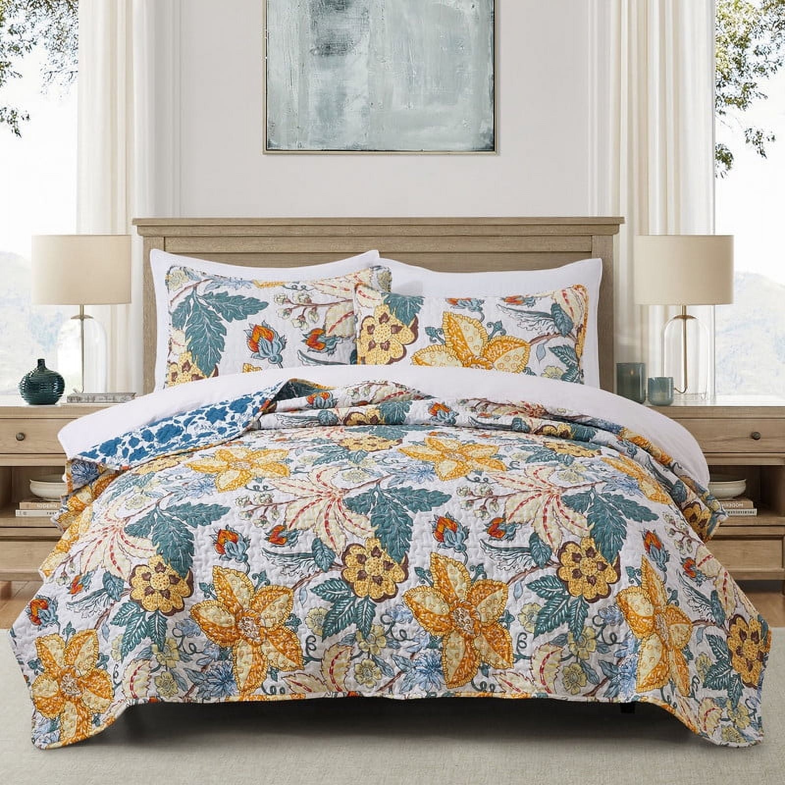 Quilt Queen Size Bedding Set - Rustic Floral Quilt Lightweight Reversible Dyed Oversized Bed Spread Coverlet with 2 Pillowsham for Home All Season Tropical Luxury Royal (Queen, Blue & Yellow)