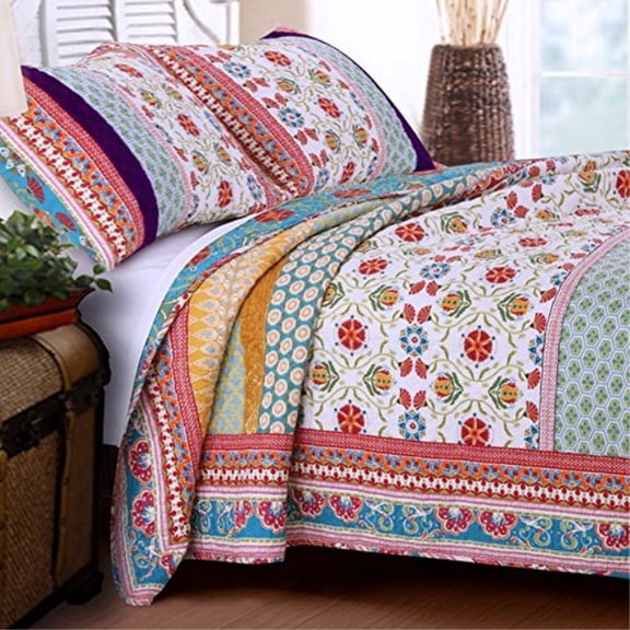 Quilt Set 100 Cotton 3 Piece with Shams FullQueen Reversible Retro Bohemian Style Printed with Flowers Mandala Medallion Geometr