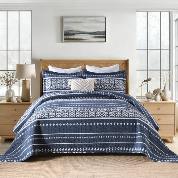 Boho Quilt Set Queen 3-Piece, 100% Cotton Double-Sided Bedding, Navy Blue with White Bohemian Pattern, All-Season Lightweight Coverlet