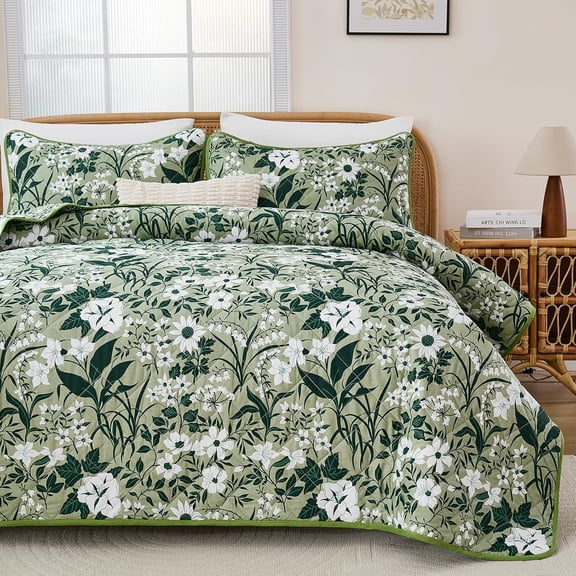Quilt Set for Bed - 100% Cotton Quilts , Green Floral Bedspreads with 2 Pillowcases, 3 Pcs Dark Green Botanical Reversible Lightweight Bedding for All Season