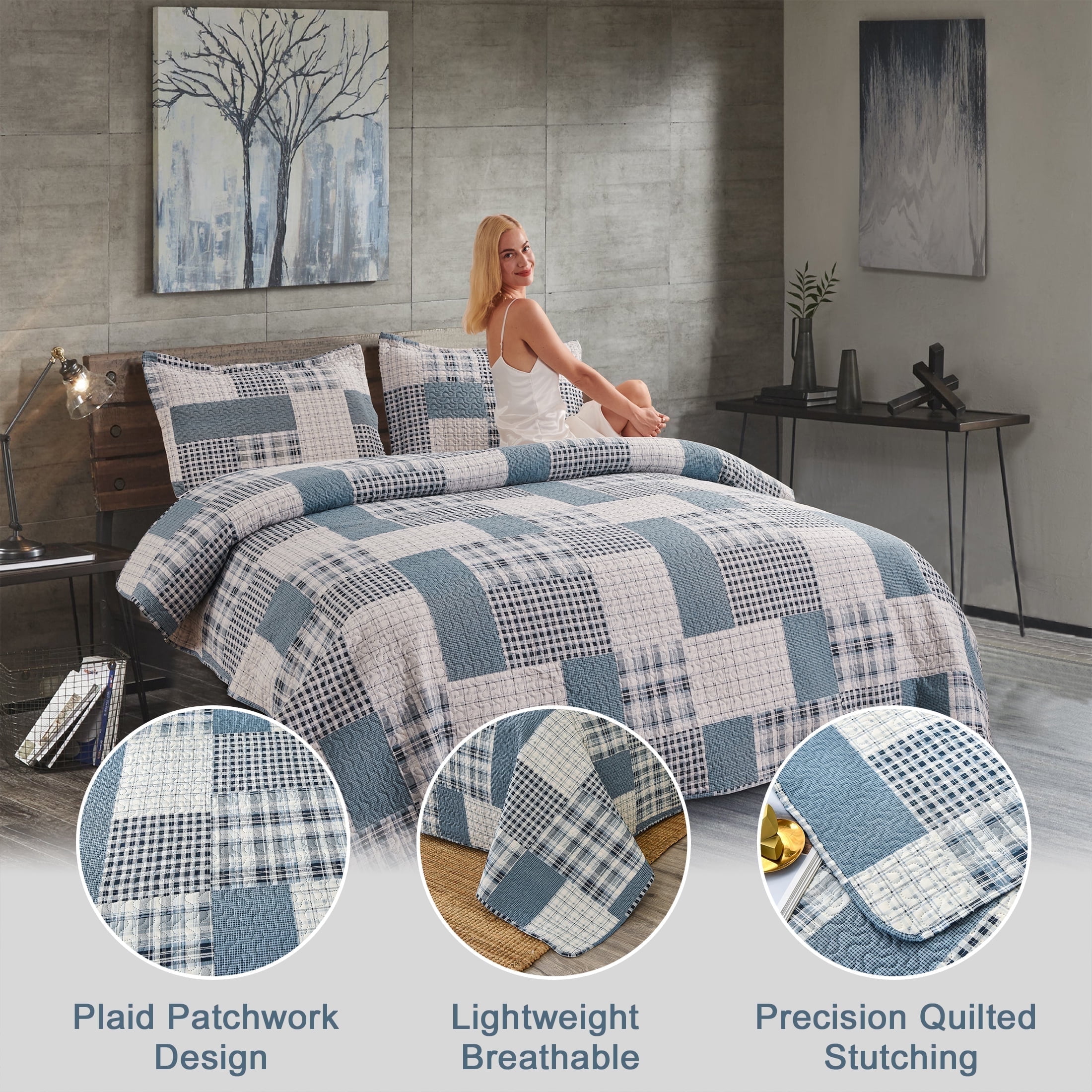 Quilt Set Bedding Twin Size Bedspread Coverlet Reversible Quilt Mens Lightweight Bedspread Modern Home Quilt Coverlet Soft Microfibers Quilt with Pillow Shams Blue White